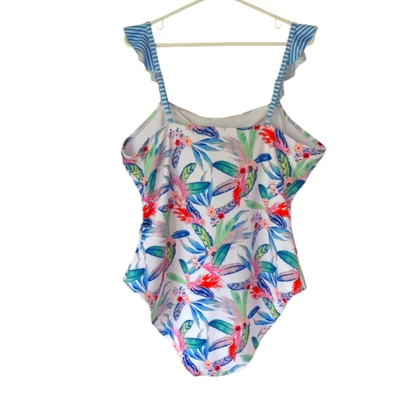 Oasis Ruffle Tropical Floral One Piece Swimsuit XXL Blue White - Picture 10 of 16